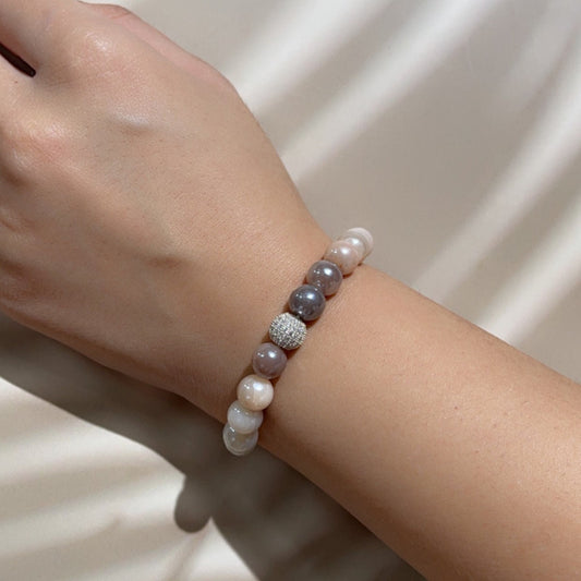 Pink Pearl with Diamond Bead Silver Bracelet